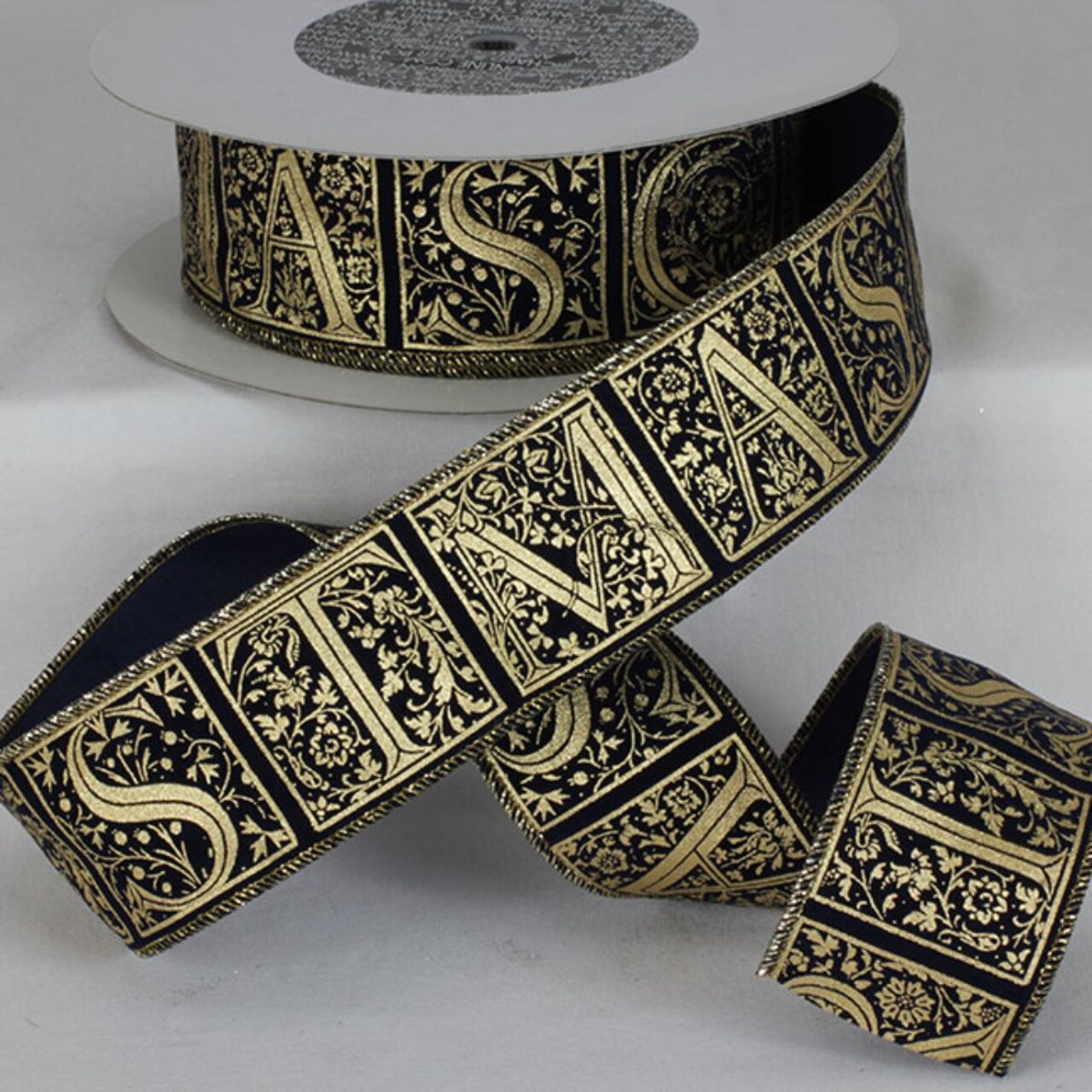 The Ribbon People Metallic Gold and Navy Blue Christmas Wired Craft Ribbon 2" x 27 Yards